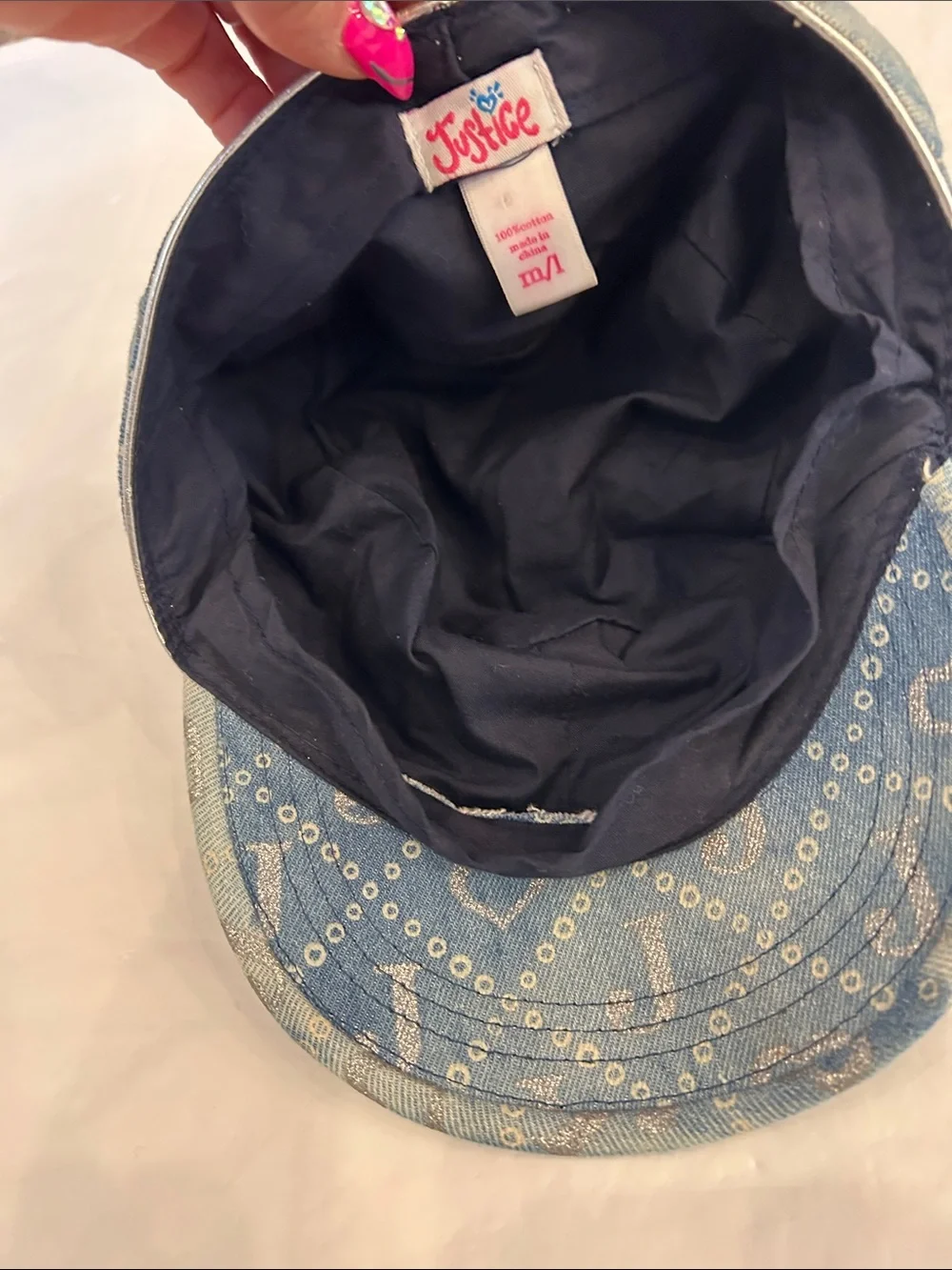 Justice Blue Denim Hat with Silver Heart and 'J' Print